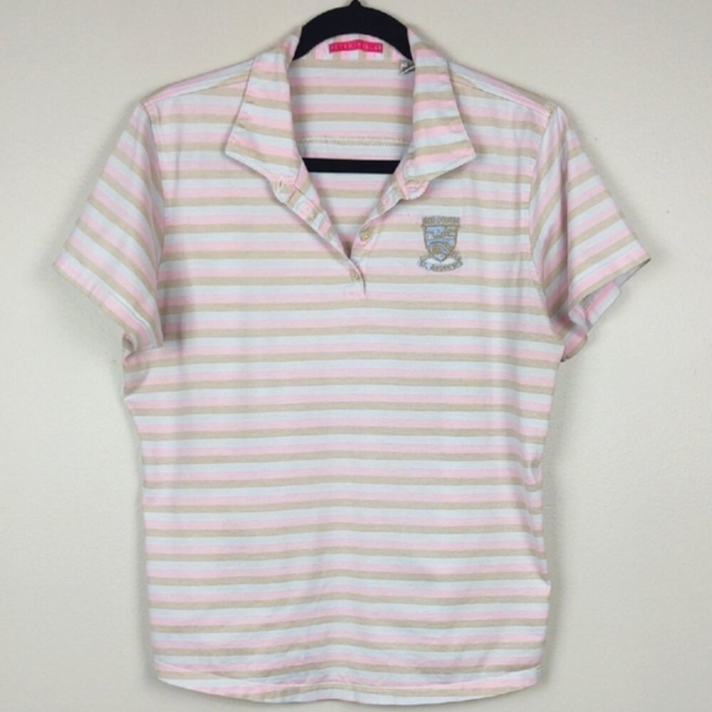 Peter Millar St Andrews Old Course Polo Shirt Pink Tan Striped Cotton Large